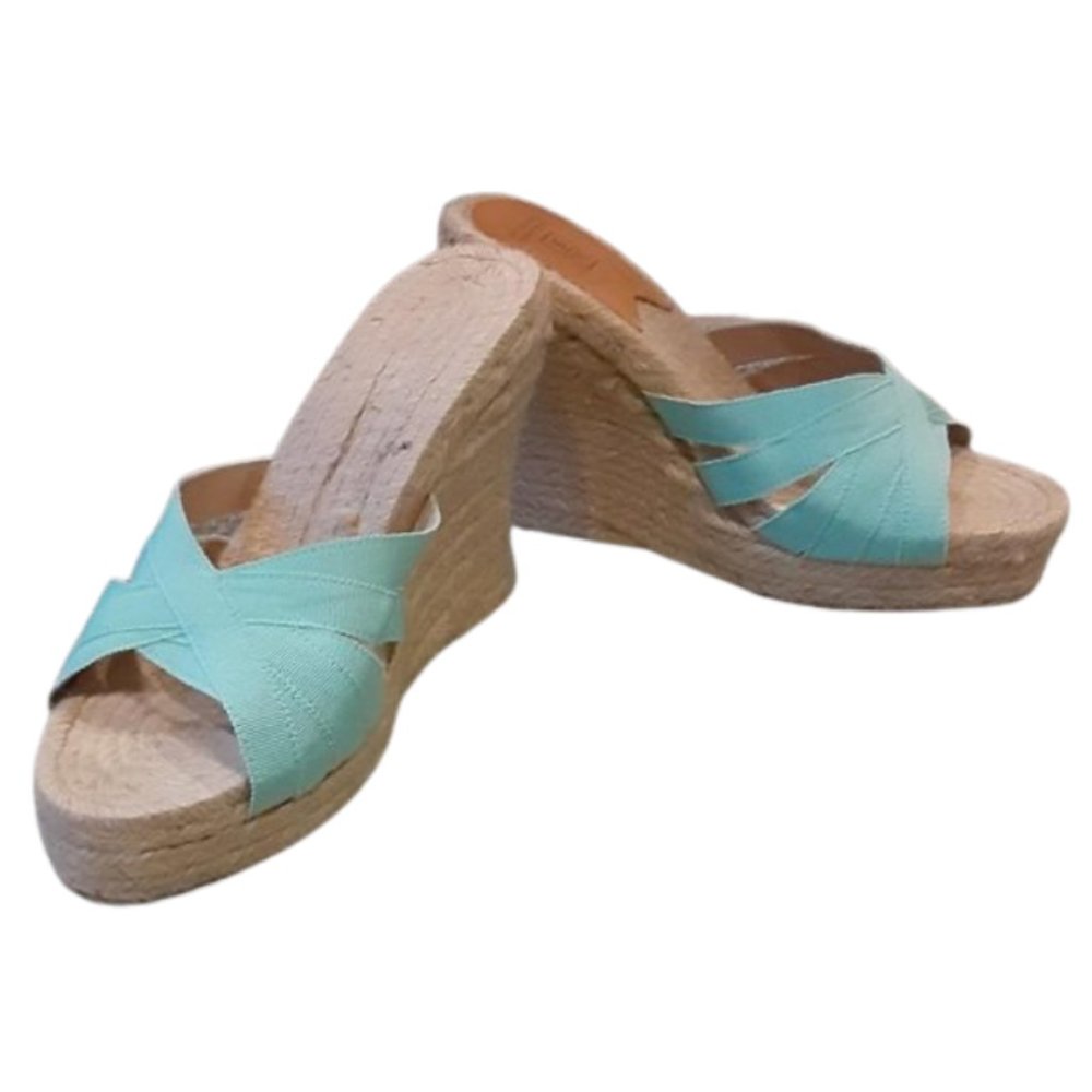 Stubbs & Wootton Aqua Blue Raffia/Fabric Espadrille Wedge Sandals Size 7.5
